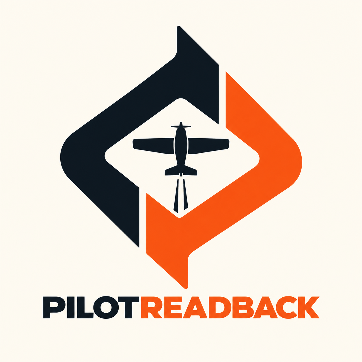 PilotReadback's orange and midnight return-transmission emblem, with a light aircraft at its center